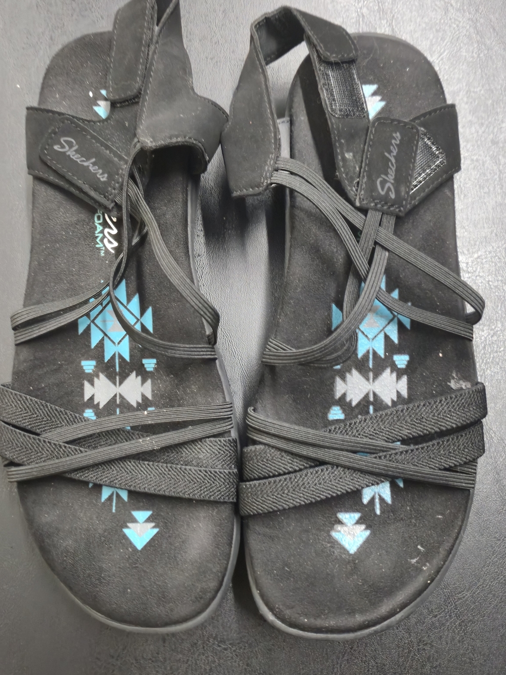Skechers Black Sandals Memory Foam w/ Teal Geometric Inlay
